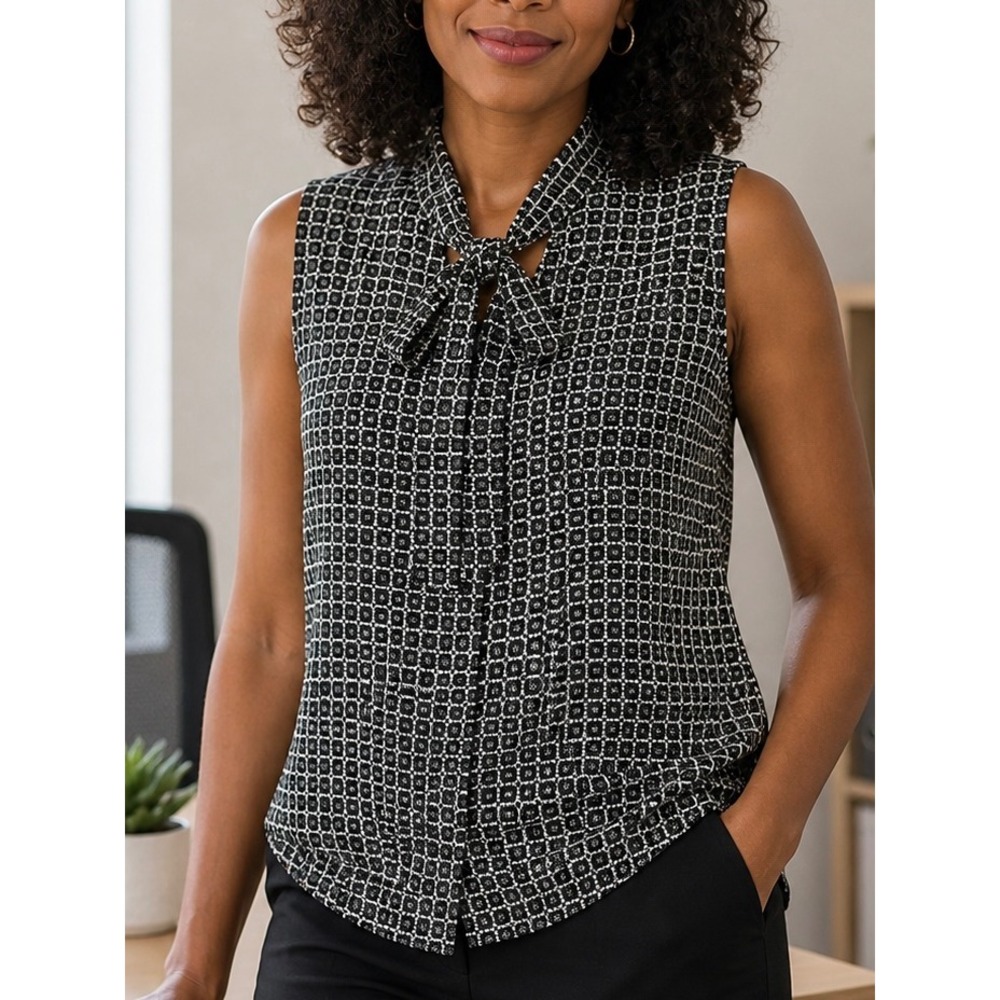 Adrianna Papell Womens Blouse Black White‎ Medallion Tie Neck Sleeveless Medium